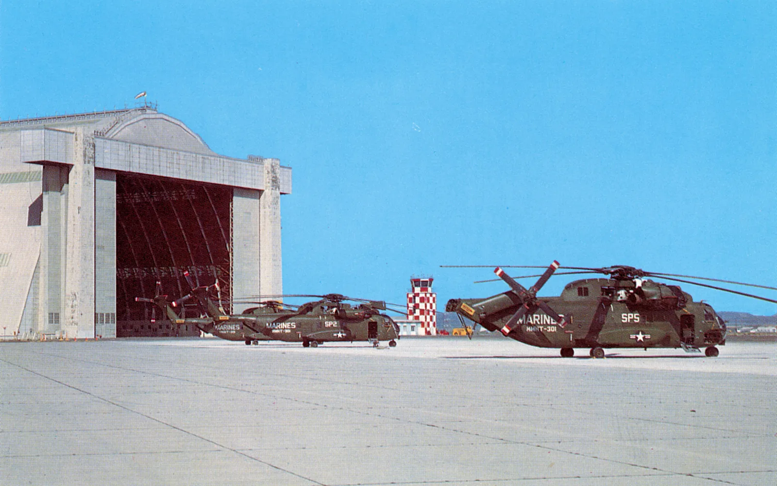 CH-53 Sea Stallion helicopters at Marine Corps Air Station Tustin, documenting the base's operation as a major center for Marine Corps helicopter aviation
